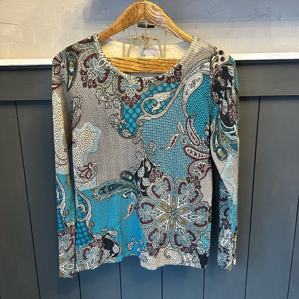 Chico's Paisley Blue Tan Crew-Neck Knit Top Size 0 (Small)